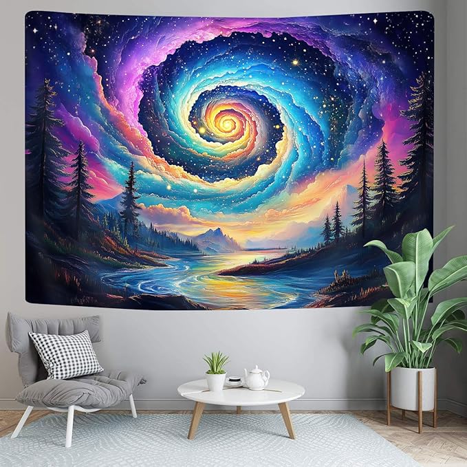 Galaxy Space Tapestry, Cool Colorful Trippy Forest Mountain River Aesthetic Tapestries, Psychedelic Starry Sky Swirls Misty Fantasy Landscape Tapestry Wall Hanging College Bedroom for Guys Men 80X60