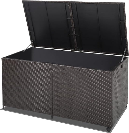 HAPPYGRILL 175 Gallon Outdoor Rattan Deck Box, Wicker Storage Bin with Zippered Liner & 2 Universal Wheels, Safe Pneumatic Rod, Patio Rattan Storage Container for Cushions Pillows