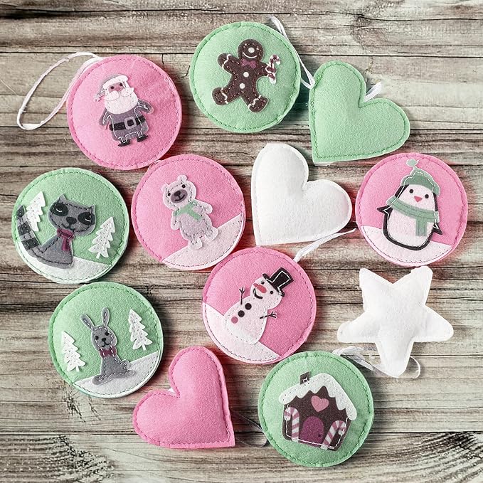 12 Pcs Christmas Felt Ornaments for Tree Santa Claus Snowman Gingerbread 3D Pink Pastel Mint Turquoise Decoration Hanging Felt Craft for Christmas Party Favors Gifts