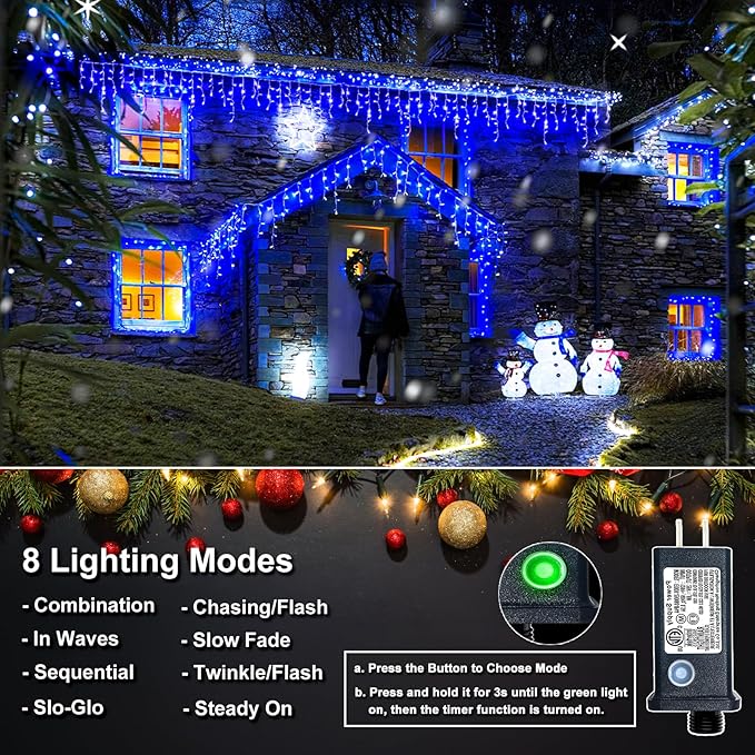 Icicle Christmas Lights Outdoor, 16.5FT 200 LED Icicle Lights for Outside with 8 Modes Waterproof, Connectable Curtain String Light for Indoor Bedroom Home Eaves Party Wedding Decorations, Blue