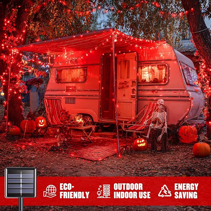 JMEXSUSS Total 200 LED Red Lights Halloween Outdoor, 2 Pack Solar Halloween Lights Outdoor Waterproof, 8 Modes Red Solar Light for Outside Christmas Tree Yard Garden Decor