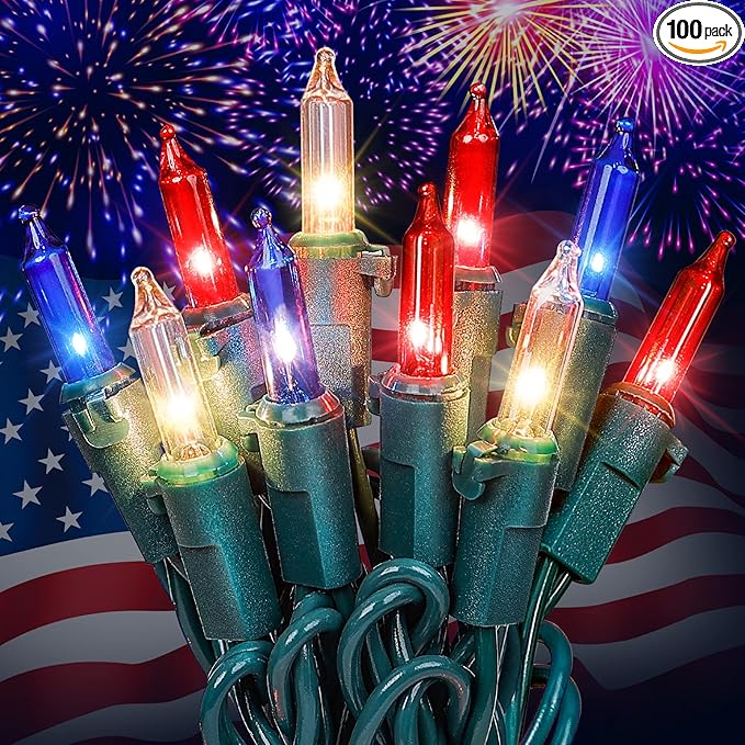 Hopolon Red White and Blue Mini Lights,2PACK 50Count 4th of July Patriotic String Lights Green Wire,13FT Incandescent Independence Day Light for Indoor Outdoor Christmas Party Decor,Red White Blue