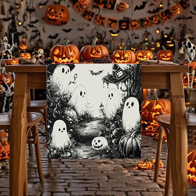 GPGHE Halloween Table Runner Black Ghost Holiday Burlap Table Decoration Indoor Outdoor Home Decor Party Supply 13 x 72 Inch