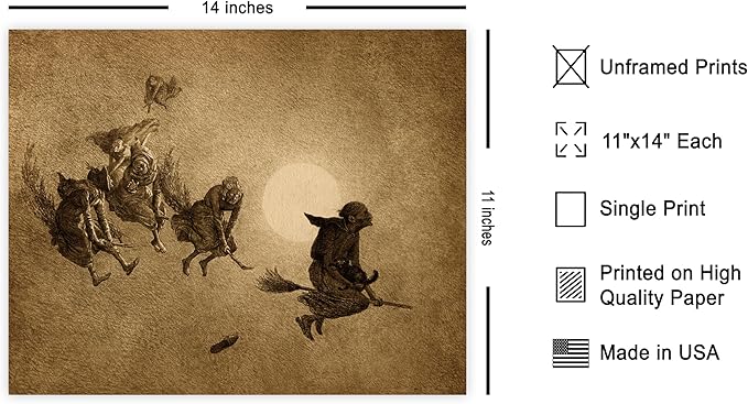 Poster Master Vintage Witches Ride Poster - Retro Flying Witches Print - Halloween Art - Pagan Art - Gift for Men & Women - Gothic Wall Decor for Living Room, Bedroom or Dorm - 11x14 UNFRAMED Wall Art