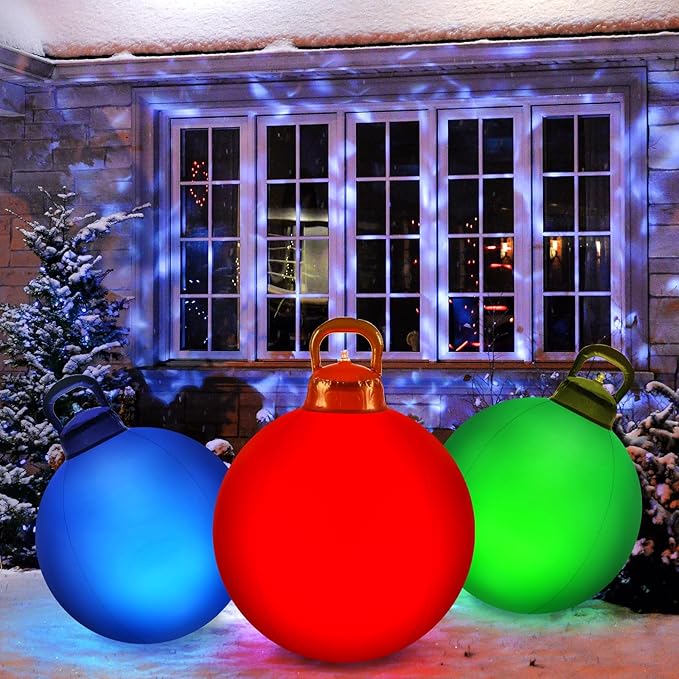 Jetec 3 Pcs Outdoor Light Up Christmas Ball Decorations Large Christmas Inflatable PVC Decorated Balls with Light 24 Inch,18 Inch Xmas Ornaments for Yard Lawn Porch(Red, Blue, Green)