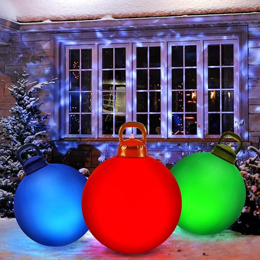 Jetec 3 Pcs Outdoor Light Up Christmas Ball Decorations Large Christmas Inflatable PVC Decorated Balls with Light 24 Inch,18 Inch Xmas Ornaments for Yard Lawn Porch(Red, Blue, Green)