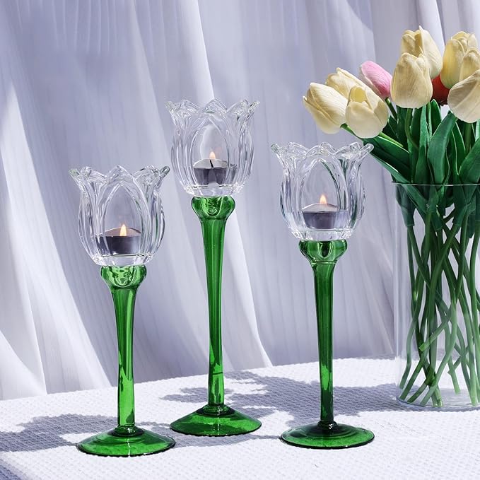 VOHO Tulips Glass Clear Candle Holder Decor for Home Living Room, 3pcs Varying Heights Tealight Candle Holder Wedding Centerpieces for Tables, White Flower Tall Votive Candle Holders Gifts for Friends
