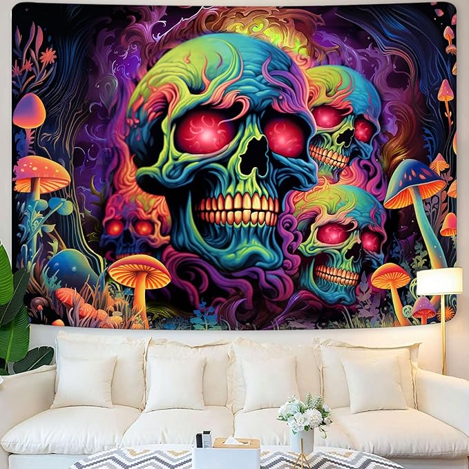 Skull Blacklight Tapestry, UV Reactive Skeleton Tapestry Trippy for Bedroom, Black Light Posters for Adults, Halloween Horror Wall Glow in Dark Tapestry Aesthetic Living Room Dorm Decor 60x51IN