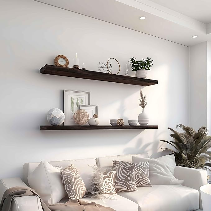 Wood Floating Shelves for Wall Decor, Rustic Wall Shelves for Bedroom Bathroom Kitchen Living Room, Set of 4 Walnut 48 Inch