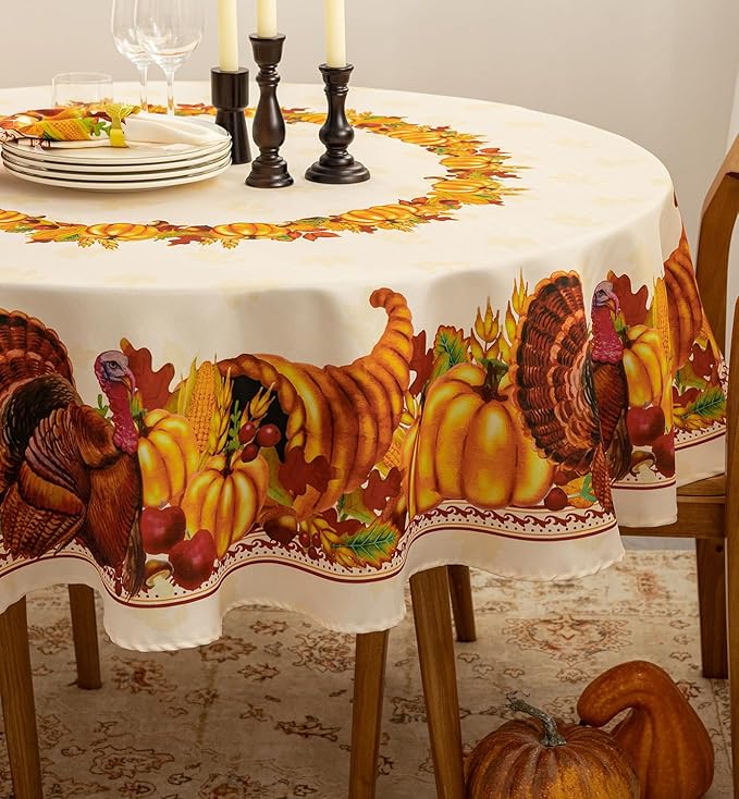 YiHomer Fall Thanksgiving Tabletop Collection for Kitchen Dining Decoration Parties Harvest, Harvest Party, Tablecloth, 70" Round