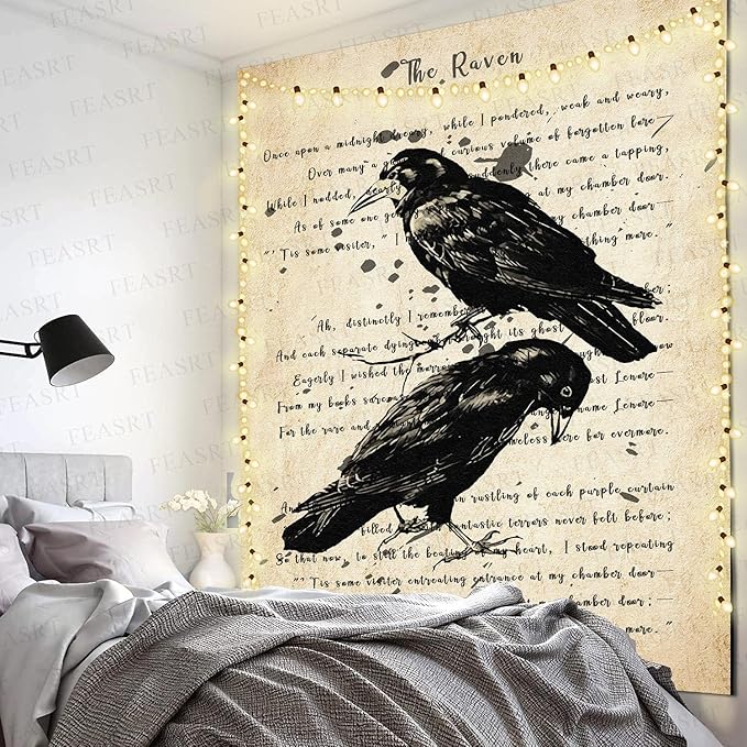 The Raven Wall Tapestry Nevermore Wall Decor Vintage Edgar Allan Poe Gothic Rustic Home Room Wall Hanging Tapestries 84x90 Inches for Living Room Bedroom Dorm GTQQAY1541