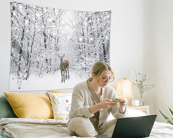 QGHOT Winter Tapestry Wall Hanging Snow Scene Backdrop Winter Wonderland Wall Decor Snowy Forest Wall Art Nature Woodland Deer Tapestry for Bedroom Room Dorm Party Decoration, Extra Large