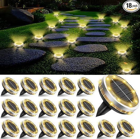Solar Ground Lights Outdoor 18 Pack Waterproof, Upgraded Solar Garden Lights with 4 Side Light, Stainless Steel Solar Powered Disc Landscape Light for Walkway Lawn Yard Patio Deck-Warm White