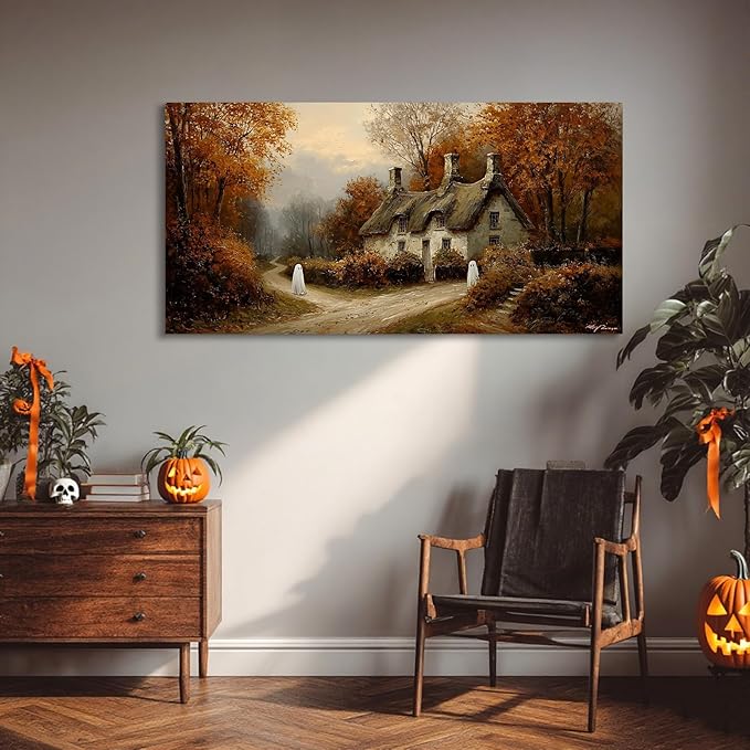 Laoife Halloween Canvas Wall Art, Vintage Spooky Farmhouse Autumn Rustic Landscape Wall Decoration, Ghost on Rural Roads for Living Room Bedroom Home Decor (Ghost 1)