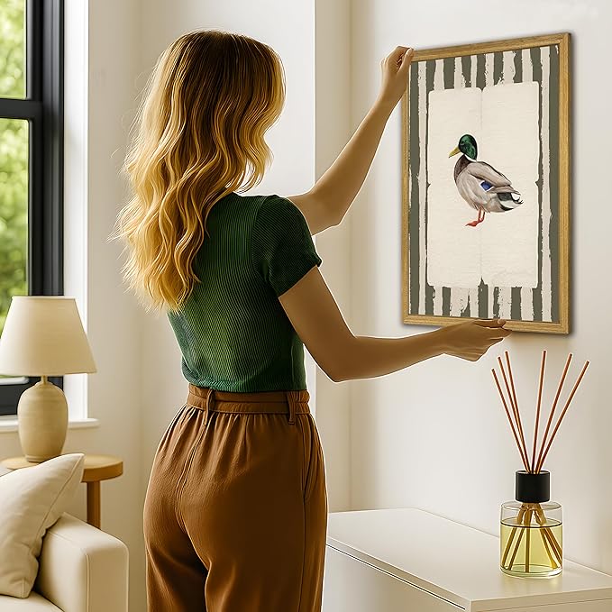 Vintage Framed Duck Wall Art Print, Rustic Mallard Bird Illustration Canvas Poster, Cottagecore Animal Artwork, Farmhouse Nature Wall Decor for Living Room Kitchen Bathroom Bedroom 12x16 inch