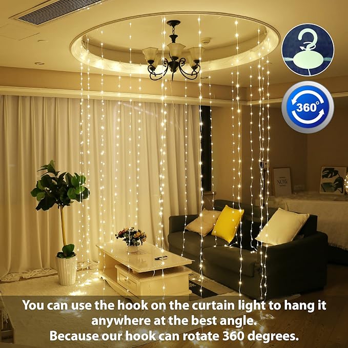 HXWEIYE 300LED Fairy Curtain Lights for Bedroom Warm White, 3mx3m 8 Modes USB Plug in Window Christmas Led String Hanging Lights with Remote for Backdrop Wedding Party Home Garden Outdoor Indoor