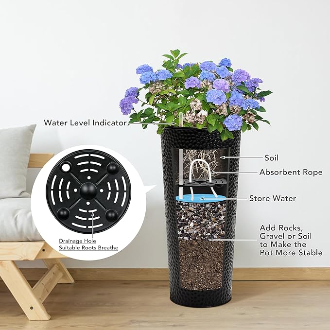 KOL 28" H. Tall Metal Cone Planters with Inside Pots 2-Pack, Black Hand-Hammered Large Decor Planter for Deck, Patio, Porch - Handcrafted Flower Pot - with Water Level Indicator - Indoor Outdoor Use