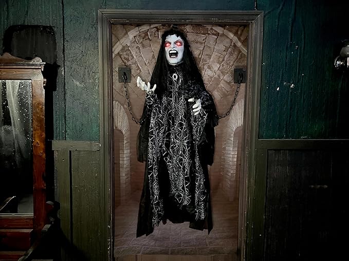 Haunted Hill Farm Animatronic Scary Demon Widow Door Greeter with Touch Activated Lights and Sound, Battery-Operated Indoor or Covered Outdoor Halloween Decoration
