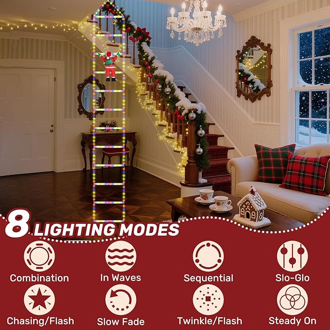 LED Christmas Ladder Lights 10ft with Santa Claus Decorations 2025 Upgrade Decorative Multicolor Lights for Outdoor and Indoor, Window, Garden, Home, Wall, Xmas Tree Decor Waterproof with 8 Modes