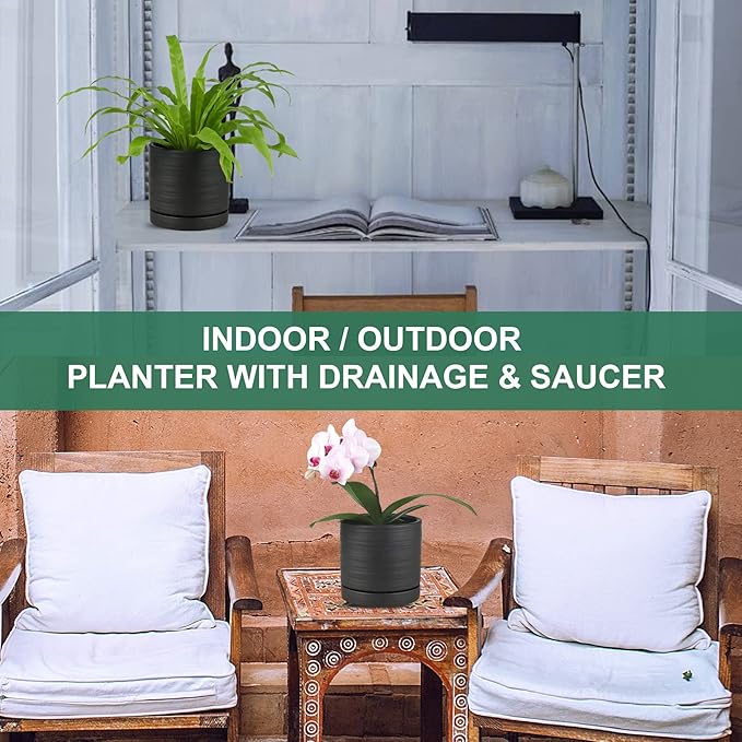 6 Inch Plant Pots, Ceramic Planter Pot with Drainage Hole & Saucer, Indoor/Outdoor Cylinder Round Planter Pot, Matte Black