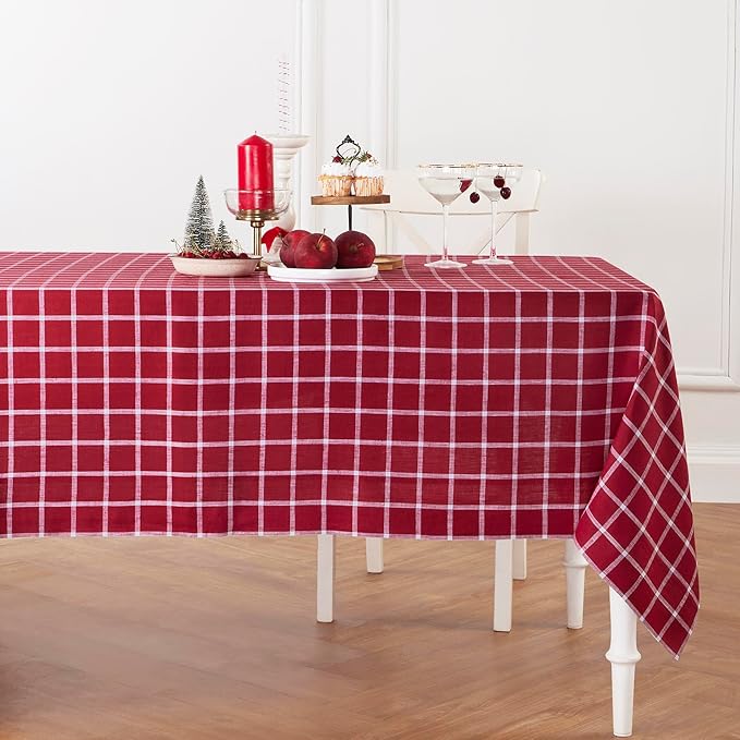 Solino Home Linen Tablecloth 60 x 108 Inch - 100% Pure Linen Windowpane Red Table Cloth for Rectangle Tables - Machine Washable Tablecloth
