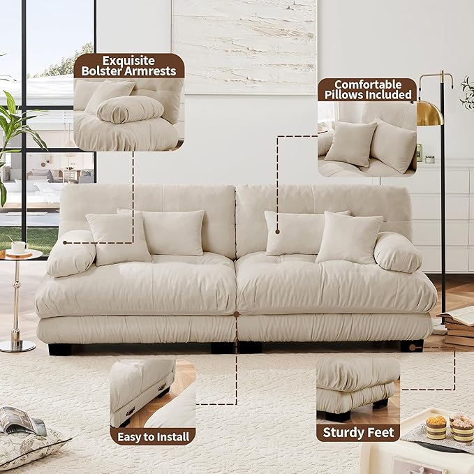 Modular Sectional Sofa, 2 Seater Cloud Couch Small Couches for Small Spaces, Modern Deep Seat Couch, Home Sofa Living Room Oversized Loveseat with Bolster Armrests 4 Pillows