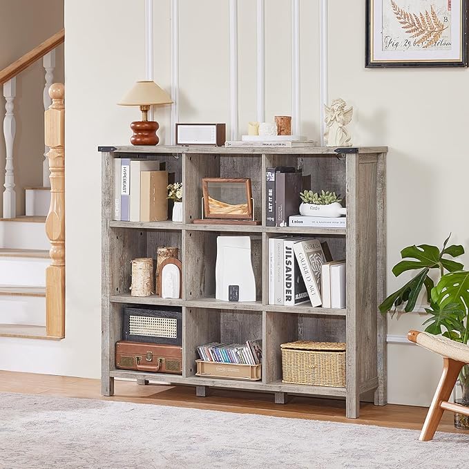 9 Cube Bookcase, Farmhouse 47 Inch Wide Grey Oak Bookshelf, Wooden 3 Tier Display Large Open Book Shelf, Vintage Horizontal Book Case for Home Office, Cubby Storage Cabinet for Living Room