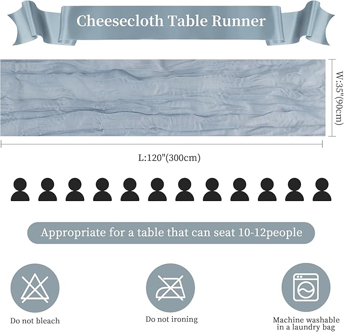 12 Pack Dusty Blue Cheesecloth Table Runner 10FT Long Boho Gauze Table Runner Rustic Sheer Runner for Wedding Bridal Baby Shower Birthday Party Table Decor Thanksgiving Christmas Decorations
