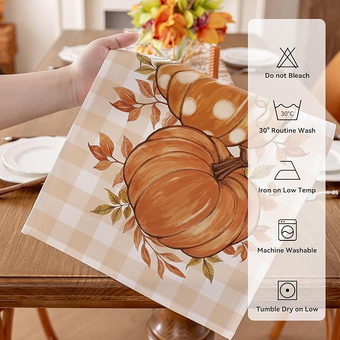 Romanstile Pumpkin Leaves Fall Table Runner, Buffalo Plaid Autumn Thanksgiving Harvest Farmhouse Style Table Decoration for Dining, Party, Holiday - 13x72 Inch, Orange