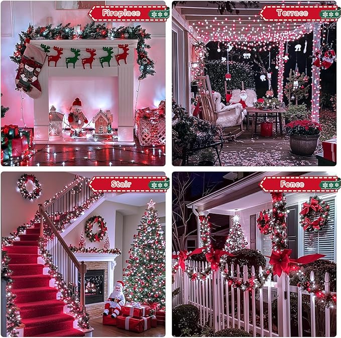 JMEXSUSS 66ft 200 LED Red and White Christmas Lights, Outdoor String Plug-in, Expandable for Tree Outside Party Home Decorations