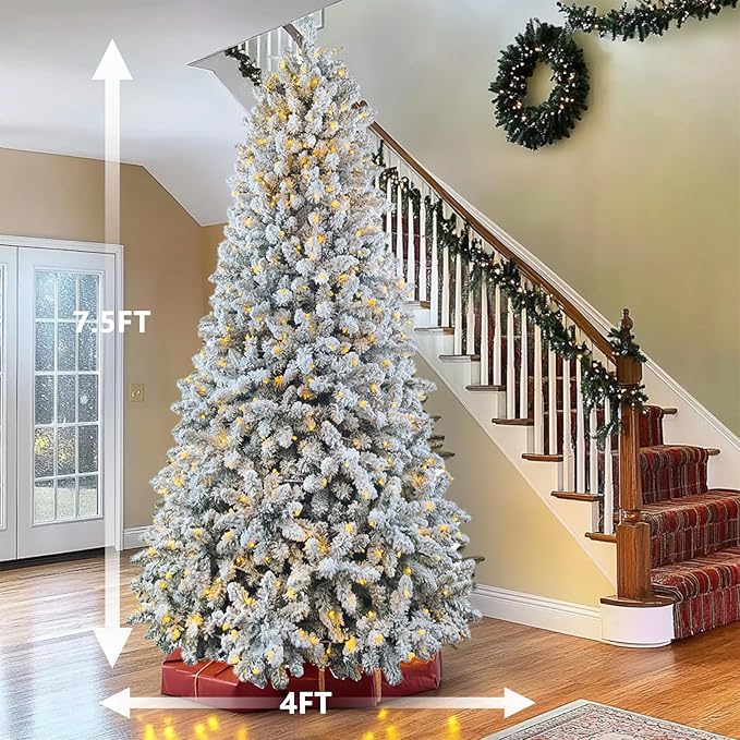 7.5ft Pre-lit Artificial Snow Flocked Christmas Tree with Quick Power Connect, 798 Warm White & Multi-Color LED Lights, and 1869 Branch Tips – Easy 3-Minute Setup Pencil Xmas Tree