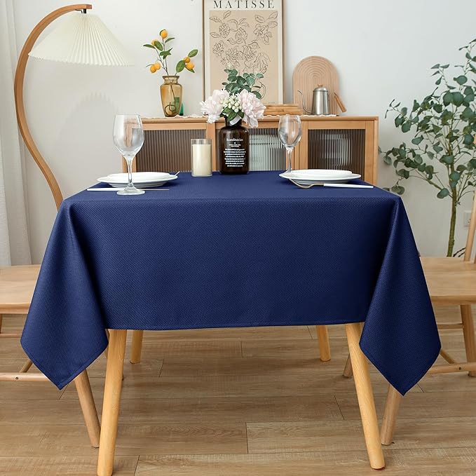 Biscaynebay Textured Fabric Square Tablecloths 60x60 Inches, Navy Water Resistant Table Cloth Small Card Folding Table Covers Linen for Dining, Kitchen, Wedding and Parties etc. Machine Washable