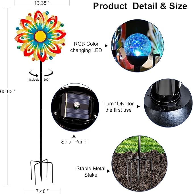 Soalr Wind Spinners -60.63 Inch Outdoor Metal Stake Yard Wind Sculptures, Solar Powered Multi-Color LED Glass Ball with Kinetic Wind Spinner Windmills for Outdoor Lawn & Garden Decoration