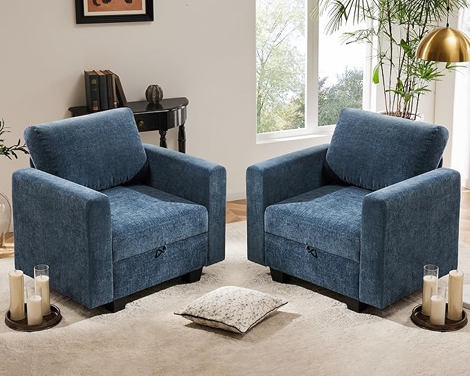 38.5 Oversized Accent Chair with Storage Blue Chenille, Single Modern Accent Sofa Chair with Arms for Apartment Living Room (21" Deep Seat)