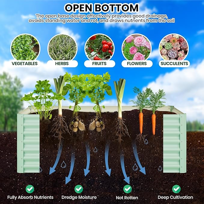 Large Outdoor Planter Boxes Kit Set of 2, 6x3x2ft Galvanized Raised Bed Planter with Open-Ended Base Design, Elevated for Outdoor Plants, Durable Raised Bed for Gardening,Green