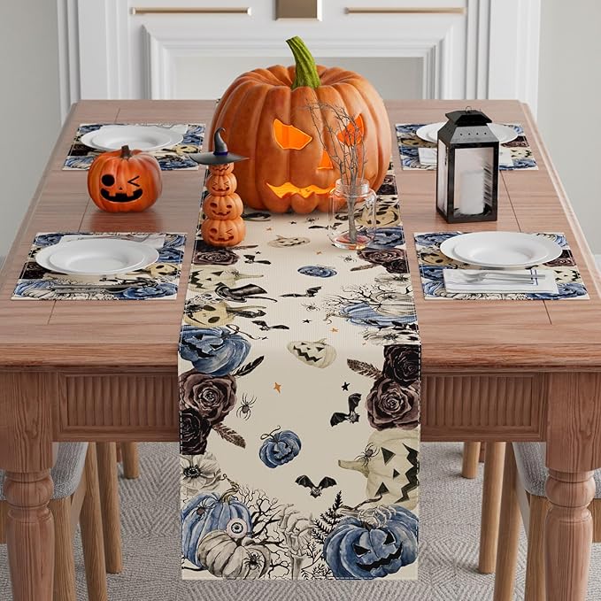 XCHI Spooky Blue Pumpkin Halloween Table Runner Party Table Decoration for Home Kitchen Dining Holiday Decor 13x108 Inch