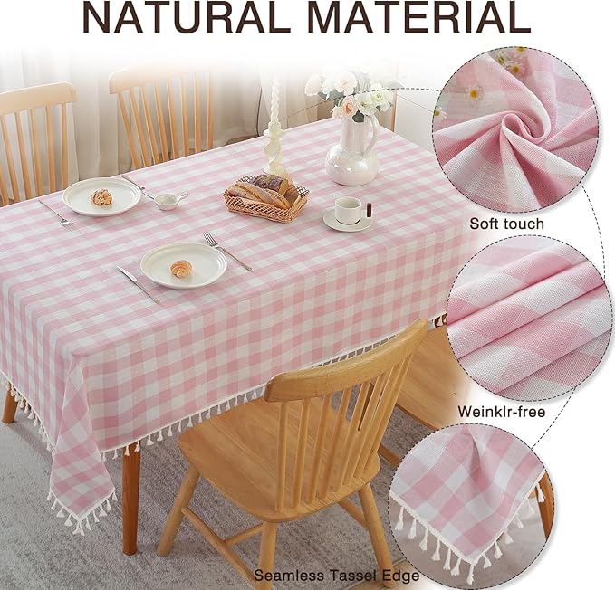 JIALE Gingham Tablecloth Square Cotton Linen Fabric Checkered Table Cloth with Tassel Washable Wrinkle Free Buffalo Plaid Table Cover for Valentines Day Spring Picnic Kitchen Dining, Pink, 55x55''