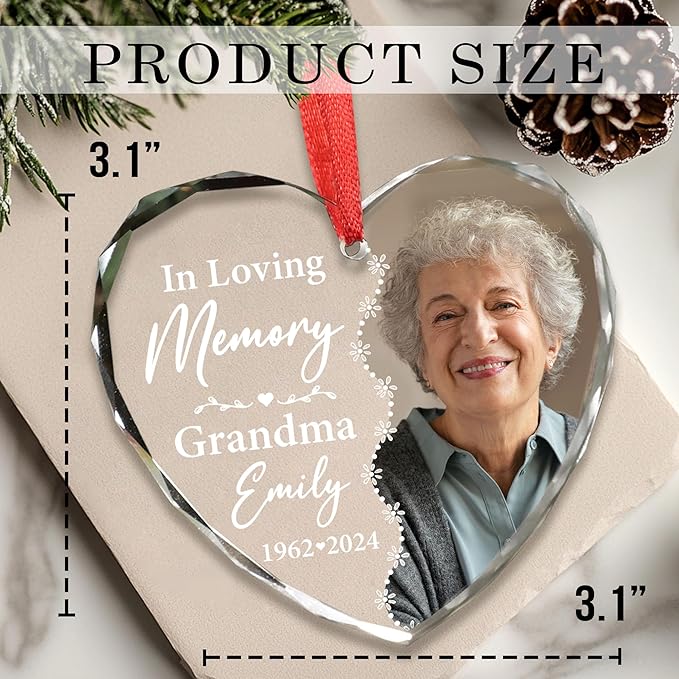 2025 Personalized Memorial Glass Ornament – Christmas-Birthday-Anniversary Keepsake for Loss of Loved One – Custom Photo Name Year – in Loving Memory Heart Clear Decoration