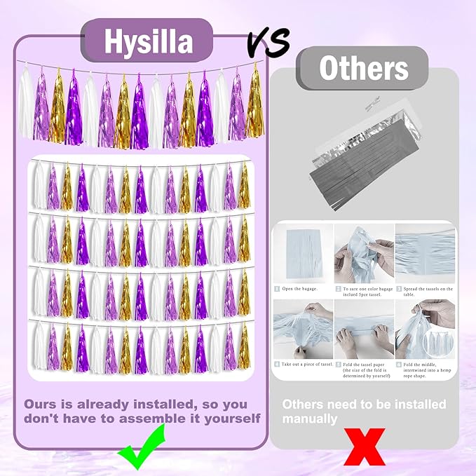 4P Purple-Gold Foil Fringe Metallic Tassel Garland, Tassels Banner Streamers for Parade Floats, Bachelorette, Wedding, Birthday, Halloween, Christmas, Bridal/Baby Shower Party Decorations