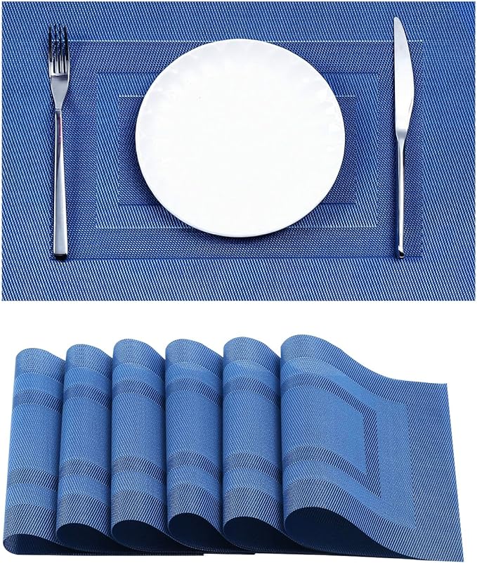 Leetaltree Blue Frame Placemats Set of 6 - Heat Resistant Non-Slip Place mats for Dining Table, Washable Durable PVC Vinyl Woven Table Mats（Blue Frame, 6）
