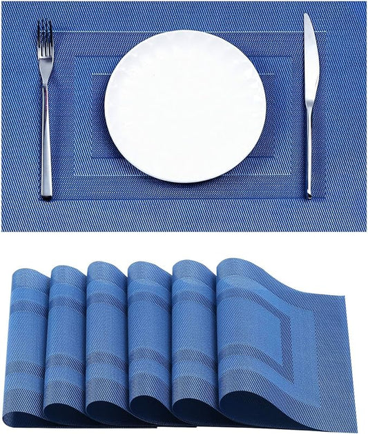 Leetaltree Blue Frame Placemats Set of 6 - Heat Resistant Non-Slip Place mats for Dining Table, Washable Durable PVC Vinyl Woven Table Mats（Blue Frame, 6）