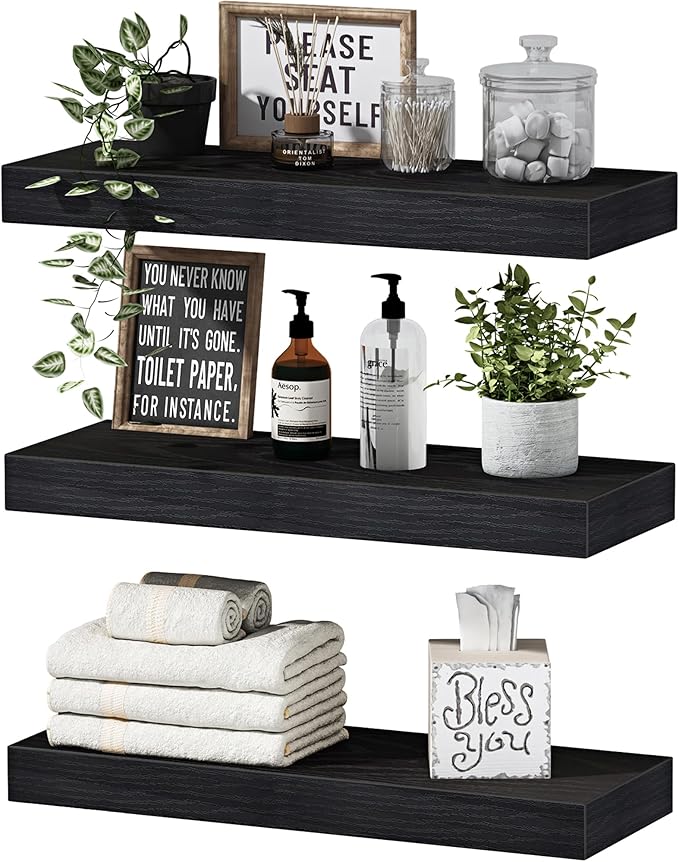 QEEIG Floating Shelves for Wall Bathroom Shelf Bedroom Kitchen Living Room Hanging Book Shelves Small Farmhouse Decor 16 inch Set of 3, Black (015-B3)