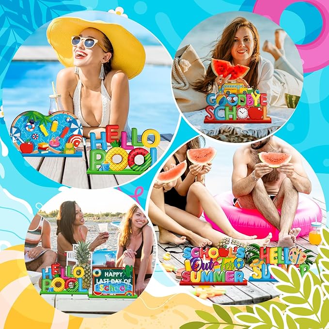 6 Pcs Hello Summer Table Decoration Happy Last Day of School Table Sign School's out of Summer Vacation Pool Wooden Tabletop Centerpieces for Holiday Party Supplies Home Decor