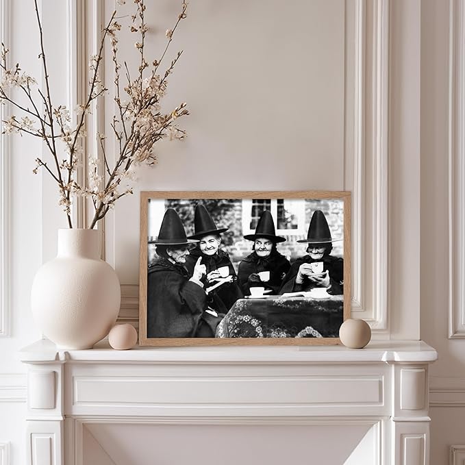 Poster Master Classic Photograph Poster - Vintage Halloween Print - Gift for Artist, Friend - Witches Tea Party, Old Women Smiling, Wearing Robes - Wall Decor for Living Room, 8x10 Beige Framed