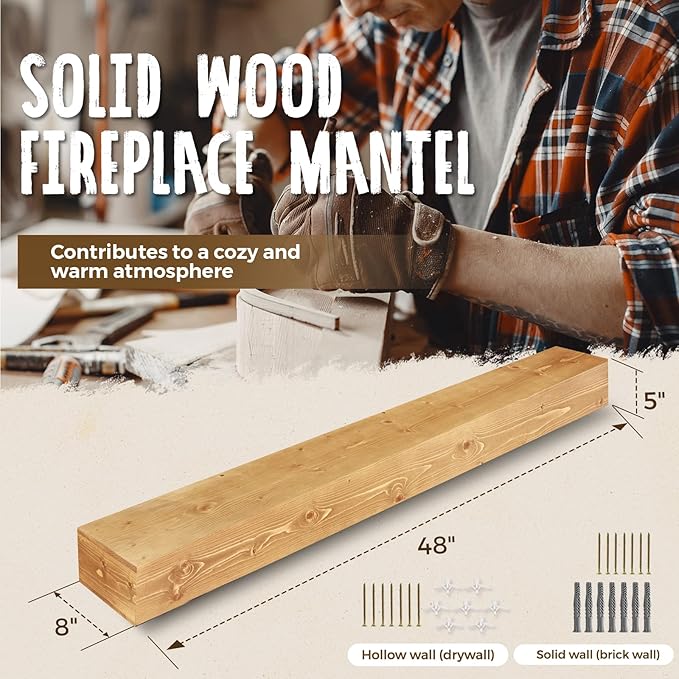 48x8x5 Fireplace Mantel - Handcrafted Rustic Solid Wood Wall Mounted Floating Shelf with Invisible Heavy Duty Wood Bracket (Natural)