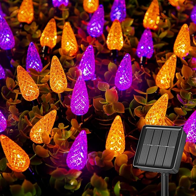 Brightown Solar Operated C6 Halloween Outdoor Lights, 22.64ft 50 LEDs Orange Purple Halloween Lights, Strawberry LED Fairy Lights, Solar Waterproof String Light for Tree, Garden Decor Outdoor