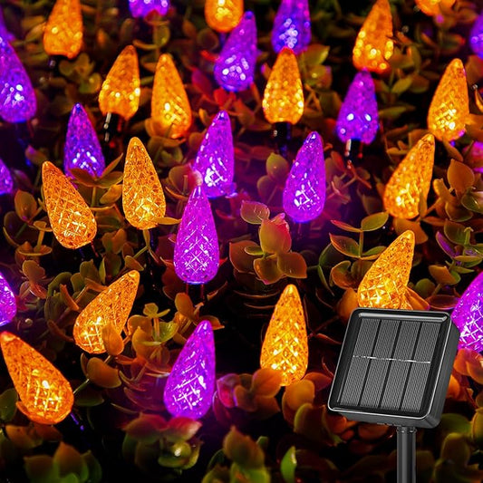 Brightown Solar Operated C6 Halloween Outdoor Lights, 22.64ft 50 LEDs Orange Purple Halloween Lights, Strawberry LED Fairy Lights, Solar Waterproof String Light for Tree, Garden Decor Outdoor