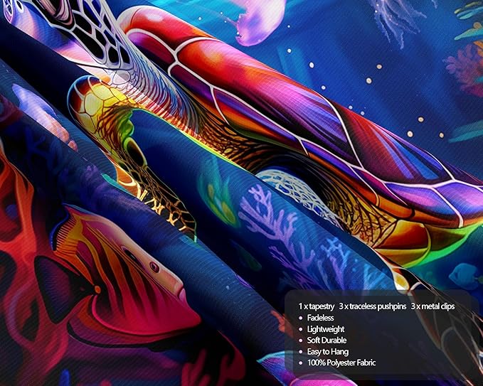 QGHOT Turtle Tapestry, Blacklight Ocean Tapestry Wall Hanging Undersea Black Light Poster for Kids Glow in the Dark for Kids Bedroom Children Toddler Room Decor 90x70in