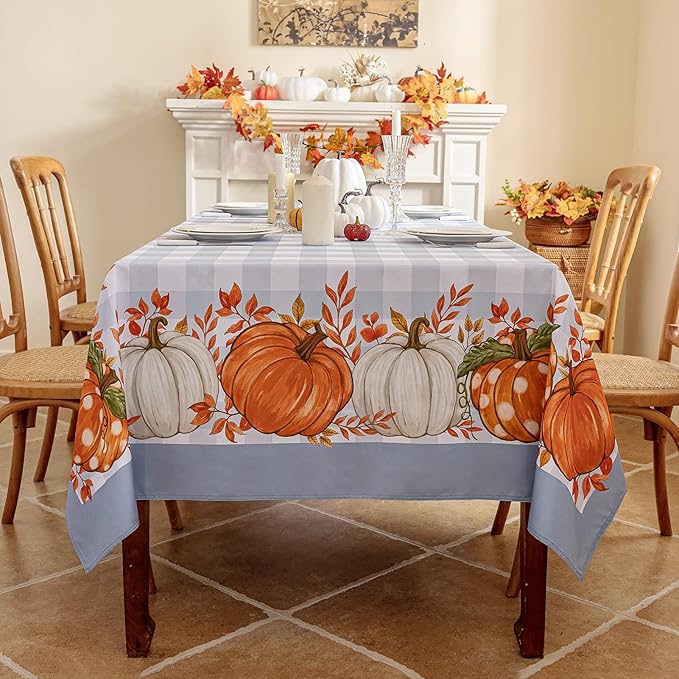 Romanstile Fall Tablecloth Rectangle, Thanksgiving Autumn Harvest Pumpkin Buffalo Plaid Table Cloth, Stain Resistant Washable Table Cover for Party/Dining/Holiday- Grey Blue Checkered, 60x 144 Inch