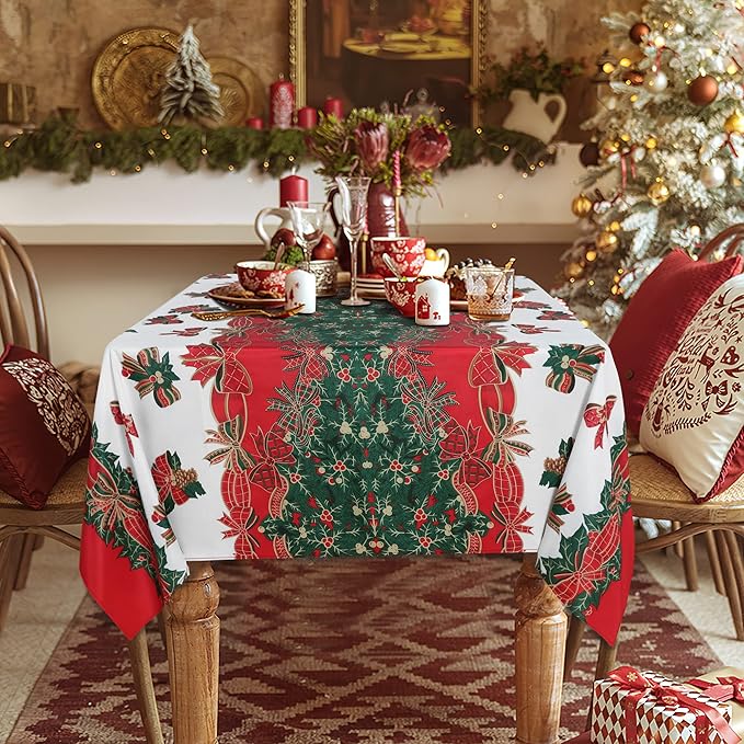 LUSHVIDA Christmas Tablecloth Rectangle - 60x84 inch Holly Ribbon Pattern Washable Wrinkle Resistant Holiday Tablecloths for Christmas Family Gathering, Dining Room Table 130GSM